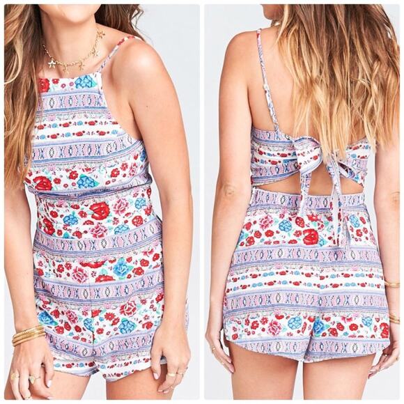 Show me Your Mumu Afton Tie-Back‎ Romper in Bright Floral Stretch NEW - Picture 1 of 5